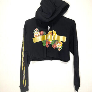 Eivil Regime Cropped Roses Black Hoodie Long Sleev